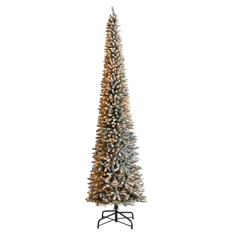 12' Pre-Lit Pencil Flocked Artificial Christmas Tree, Clear Lights - over-10-feet