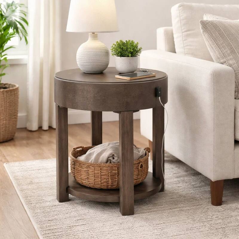 Yoel 20 Inch Modern End Table with USB Ports and Shelf, Brown Wood
