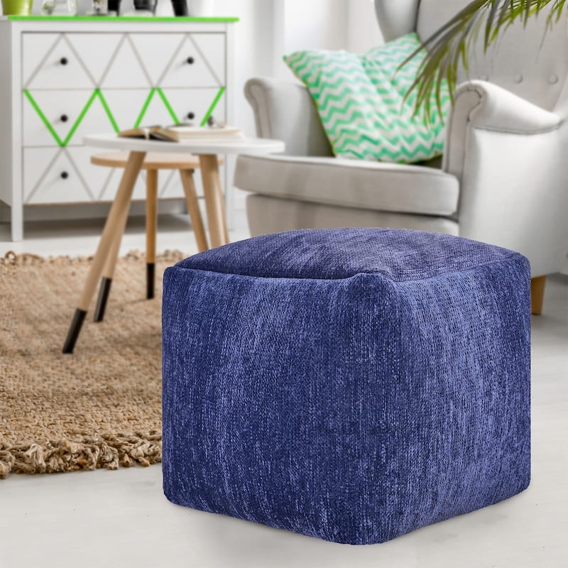 HomeRoots 18" Blue Chenille Cube Pouf Ottoman