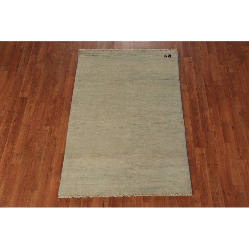 Solid Gabbeh Oriental Rug Handmade Solid Green Wool Carpet - 3'4" x 4'10"