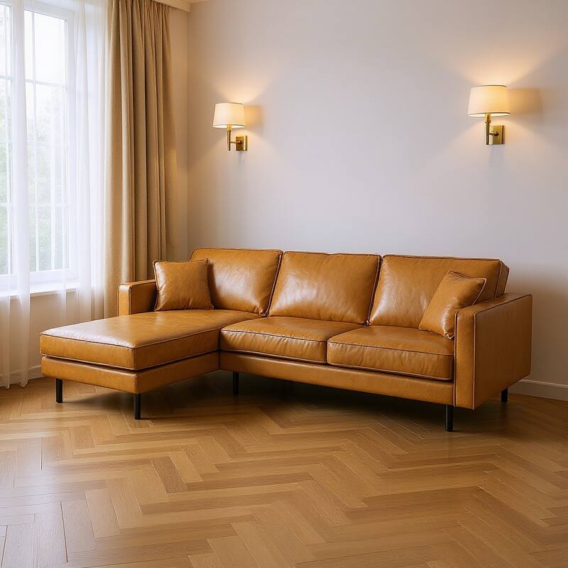 HomeRoots Tan Genuine Leather L Shaped Sofa and Chaise Sectional With Toss Pillows - Left Facing - Tan