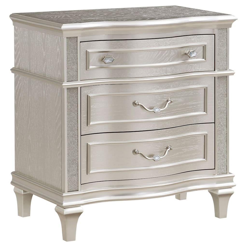 Silver Oak 3-Drawer Nightstand with Sparkling Side Panels, Felt Lined Top Drawer and Hidden USB Charging Port