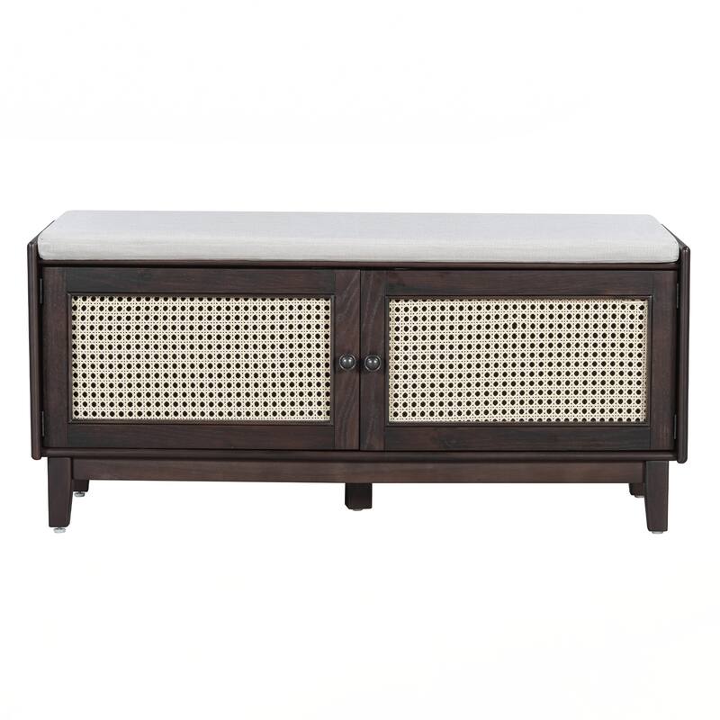 Rattan Entryway Bench with Storage, Cushioned Shoe Bench with Double Doors