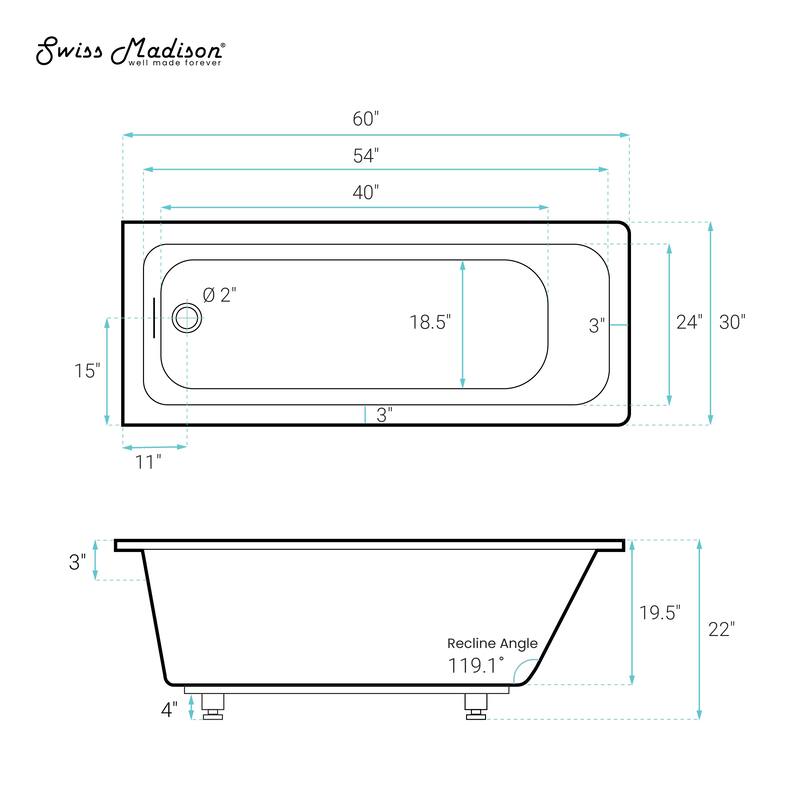 Voltaire 60 X 30 Reversible Drain Soaking Drop-In Bathtub In Glossy White With Integrated Overflow, Drain Included