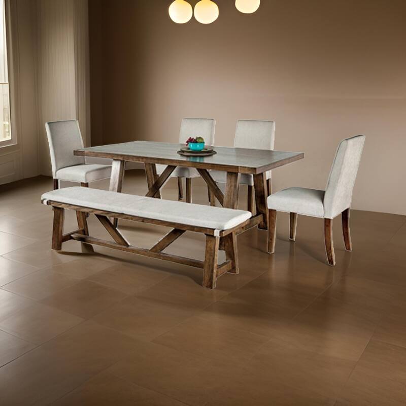 Jule 6pc Dining Set, Brown Rectangular Table, Chairs, Bench w White Seats