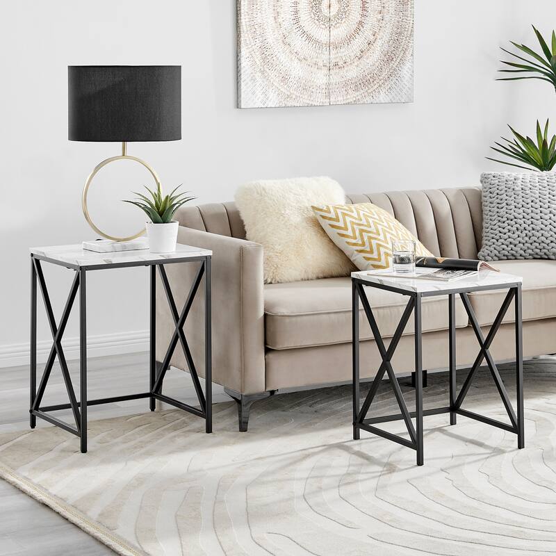 Modern Square Marble Finish Veneer Top Black Metal Frame Nesting End Tables - Set of 2