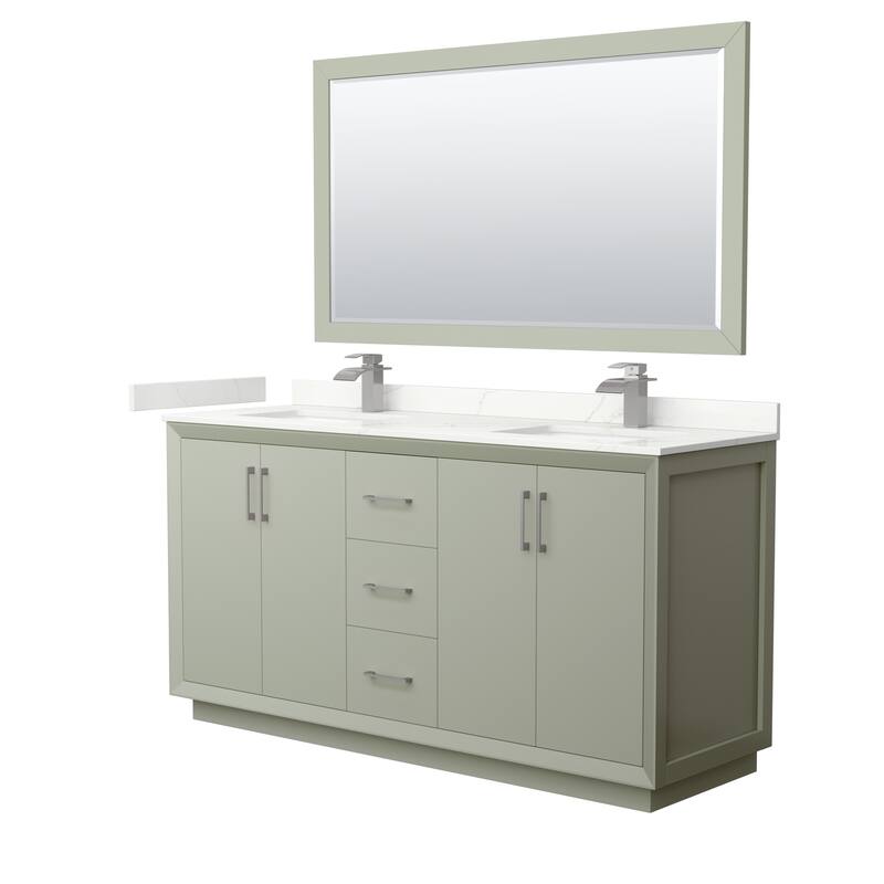 Strada 66-inch Double Vanity, Quartz Top, 58-inch Mirror - Light Green, Nickel Trim, Giotto Quartz Top