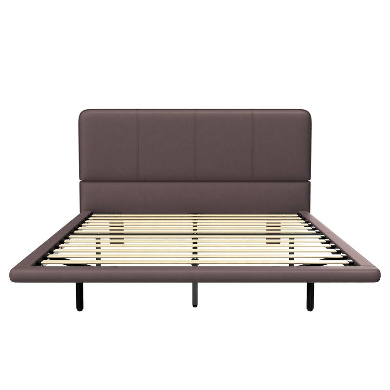 Modern Floating Bed Frame with LED Lights, PU Leather Platform Bed, Queen Size, Easy Assembly