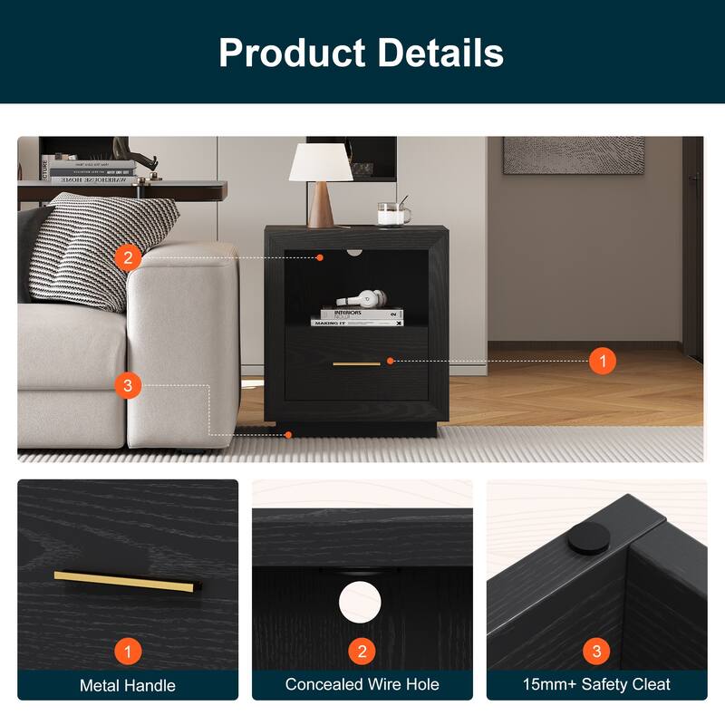 Modern Nightstand with Charging Station， Set of 2