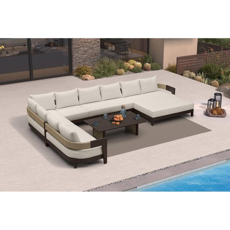 PURPLE LEAF Modern Aluminum Sectional Sofa with 7.87" Cushions for Yard Porch Deck Outdoor Conversation Sets - 8-Seat w/ Table & Double Daybed - L-Shaped-Left