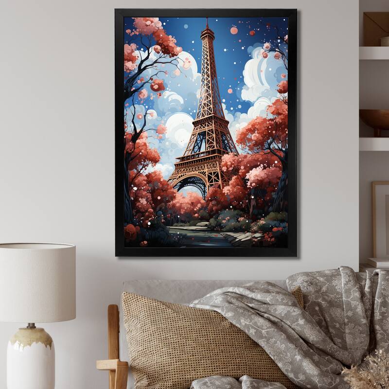 Designart "Paris In Spring Bloom I" City Paris Framed Wall Decor - 12 in. wide x 20 in. high - Black