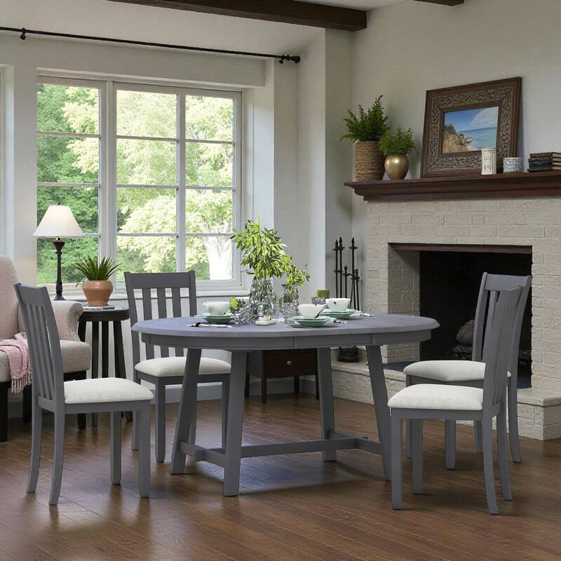 5-Piece Round Extendable Dining Table Set, 41.4"-56.6" Wood Table with 4 Upholstered Chairs for Dining Room