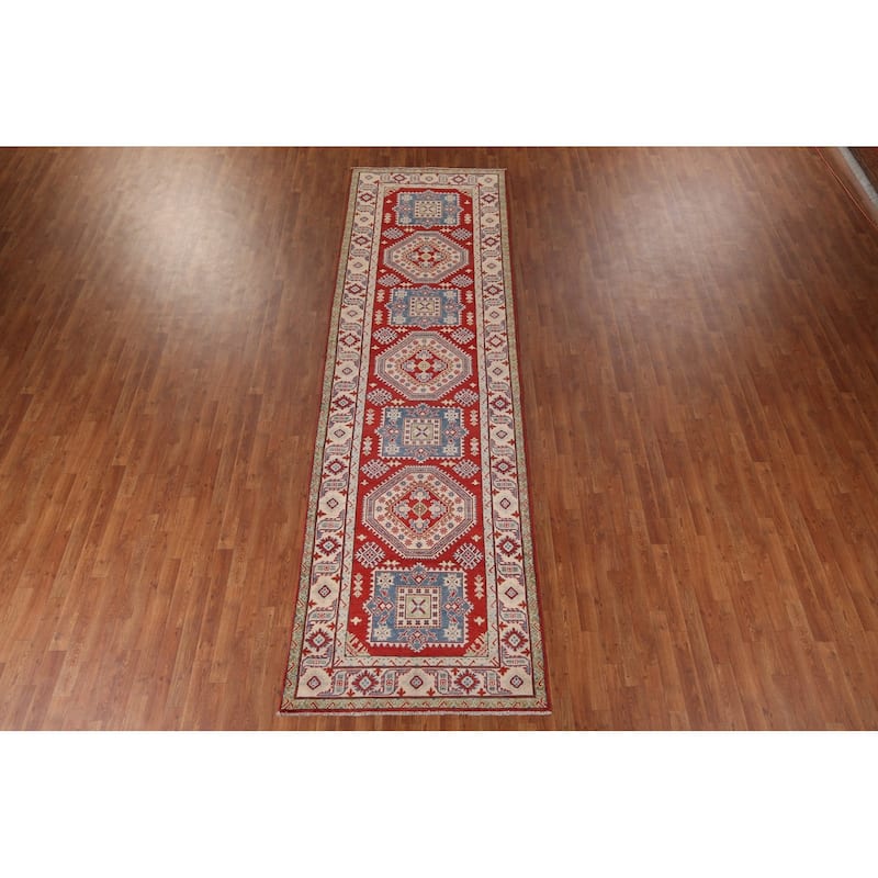 Geometric Red Kazak Runner Rug Hand-Knotted Hallway Wool Carpet - 3'11" x 13'4"