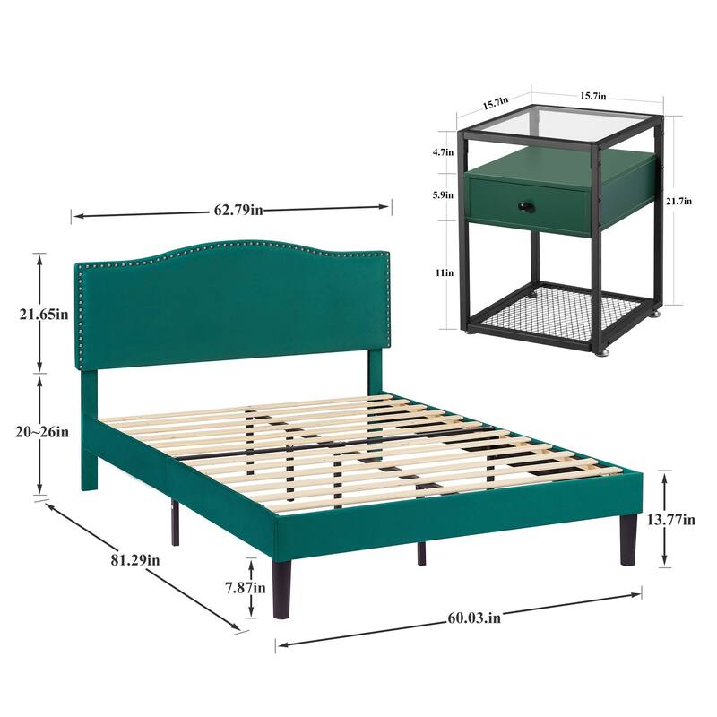 VECELO, Five Colors, 3-Pieces Upholstered Platform Bed Frame with Adjustable Headboard and Nightstands Set of 2