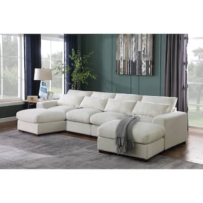 Linen Blend Sectional with 2 Ottomans in Beige