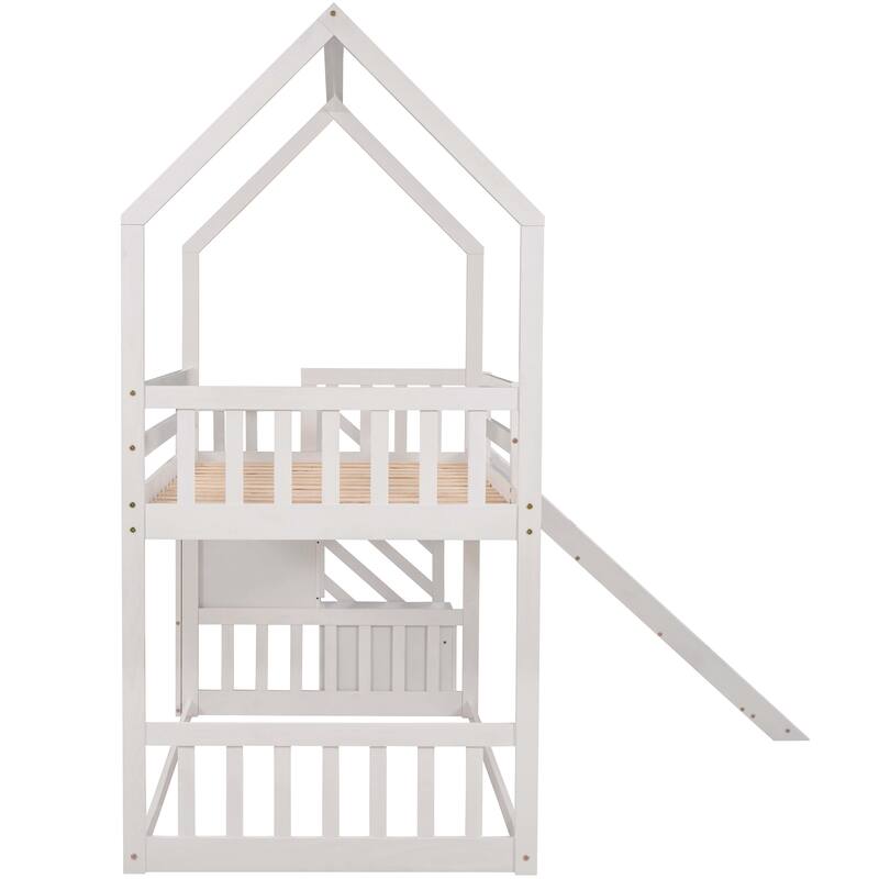 Convertible Twin Bunk Bed with Slide and Storage Staircase, White