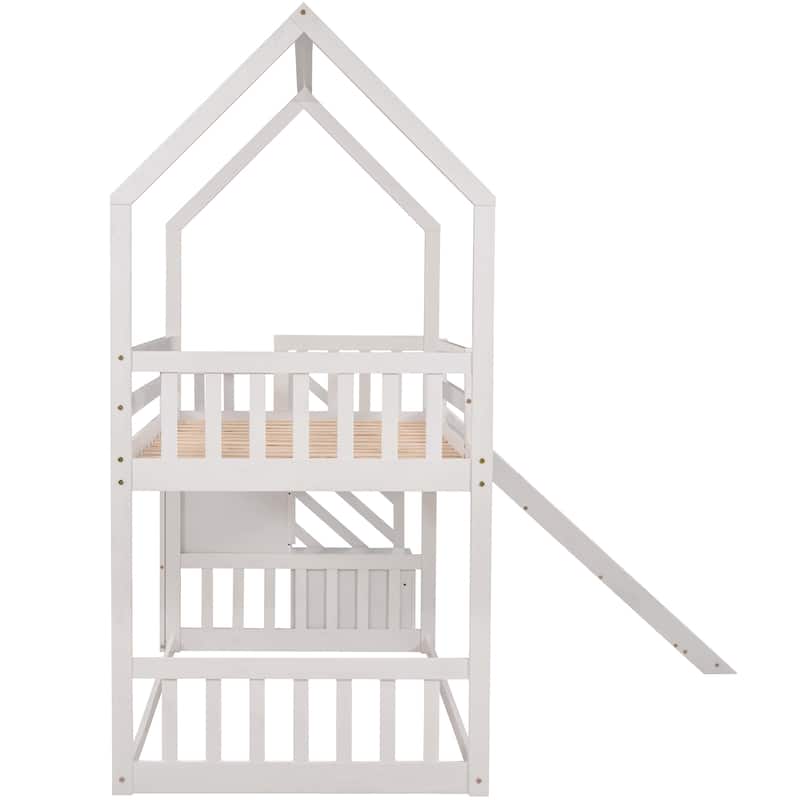 Twin Over Twin House Bunk Bed w/Convertible Slide, Storage Staircase