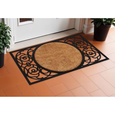 HomeRoots 22" X 36" Black And Natural Geo Scrollwork Outdoor Rubber And Coir Door Mat - 22' X '36