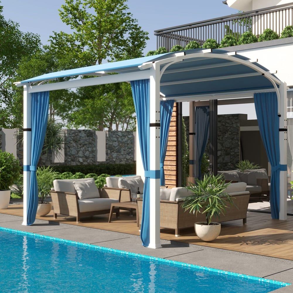 Cozywor 10 ft. x 10 ft. White Steel Patio Arched Pergola with Blue Shade Canopy and Curtains