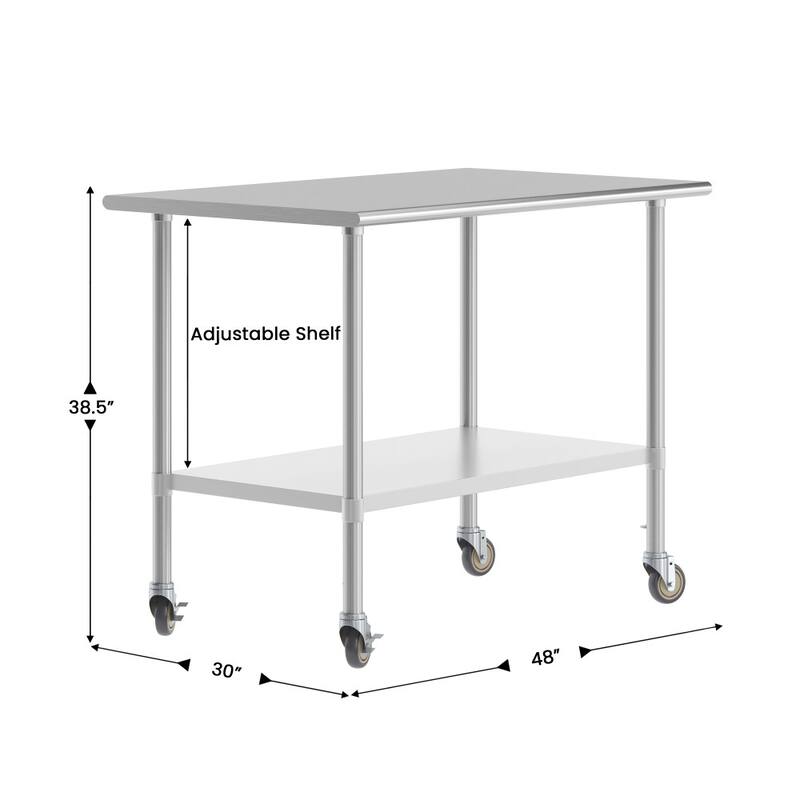 Commercial Stainless Steel 18 Gauge Worktable with Undershelf and Casters