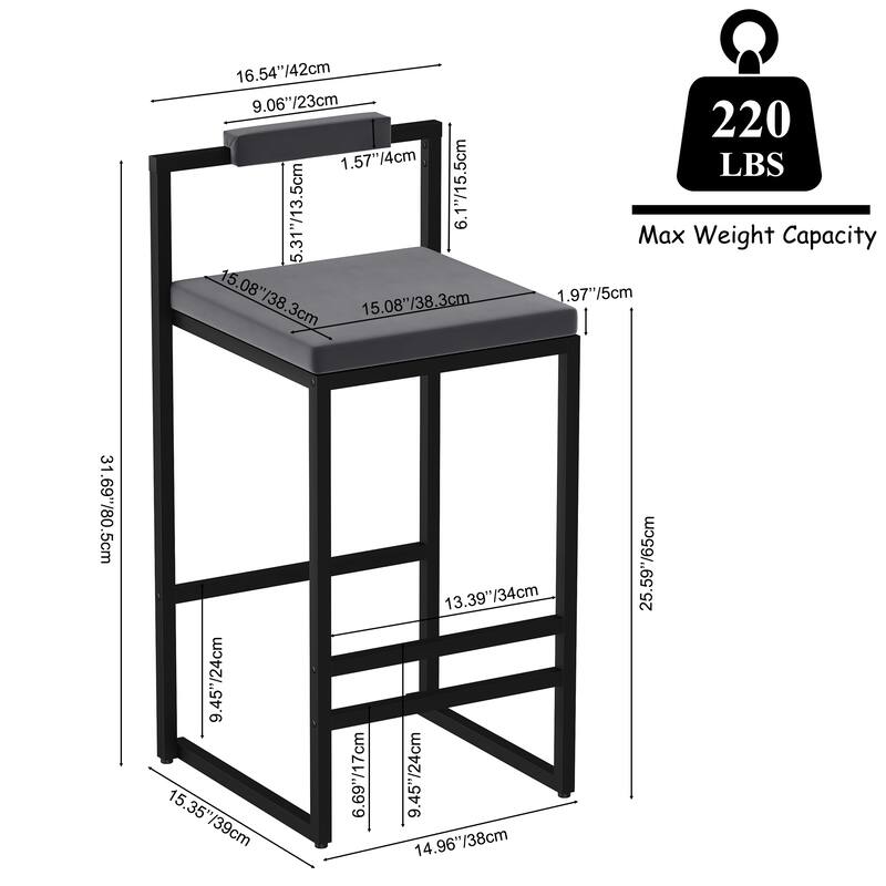 Velvet Upholstered Bar Stools Set of 2, Counter Height Bar Stools, Kitchen Island Stools with Footrest & Square Backrest