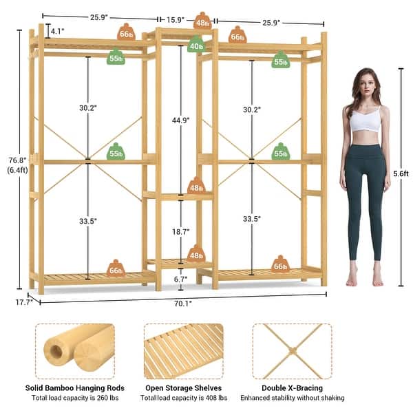 dimension image slide 4 of 8, Bamboo Closet System Clothes Rack, Large Freestanding Garment Rack Clothing Rack for Hanging Clothes