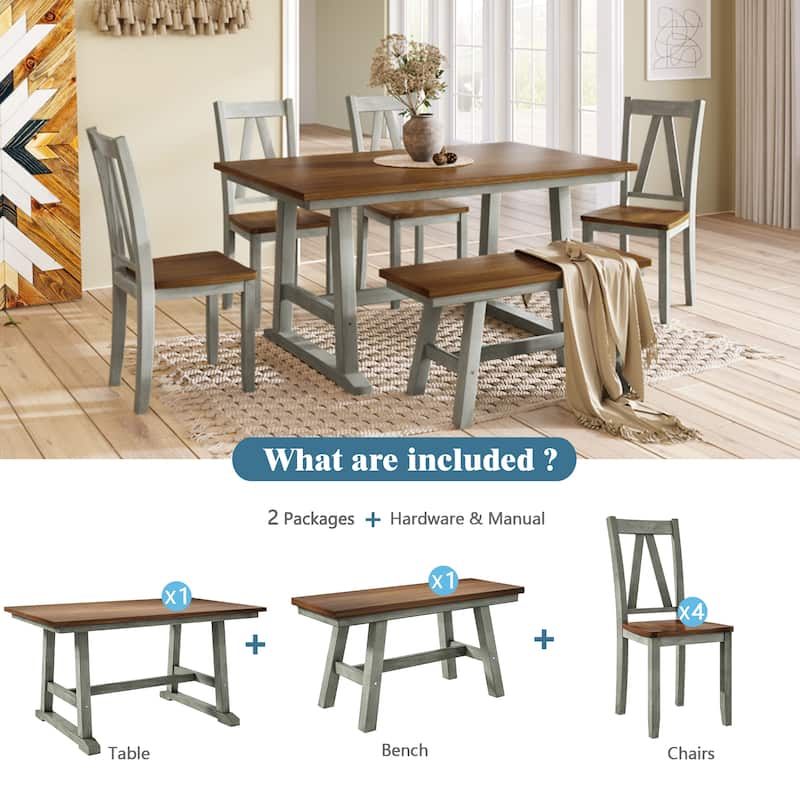 6-Piece Wood Dining Table Set Kitchen Table Set with Long Bench and 4 Dining Chairs, Farmhouse Style
