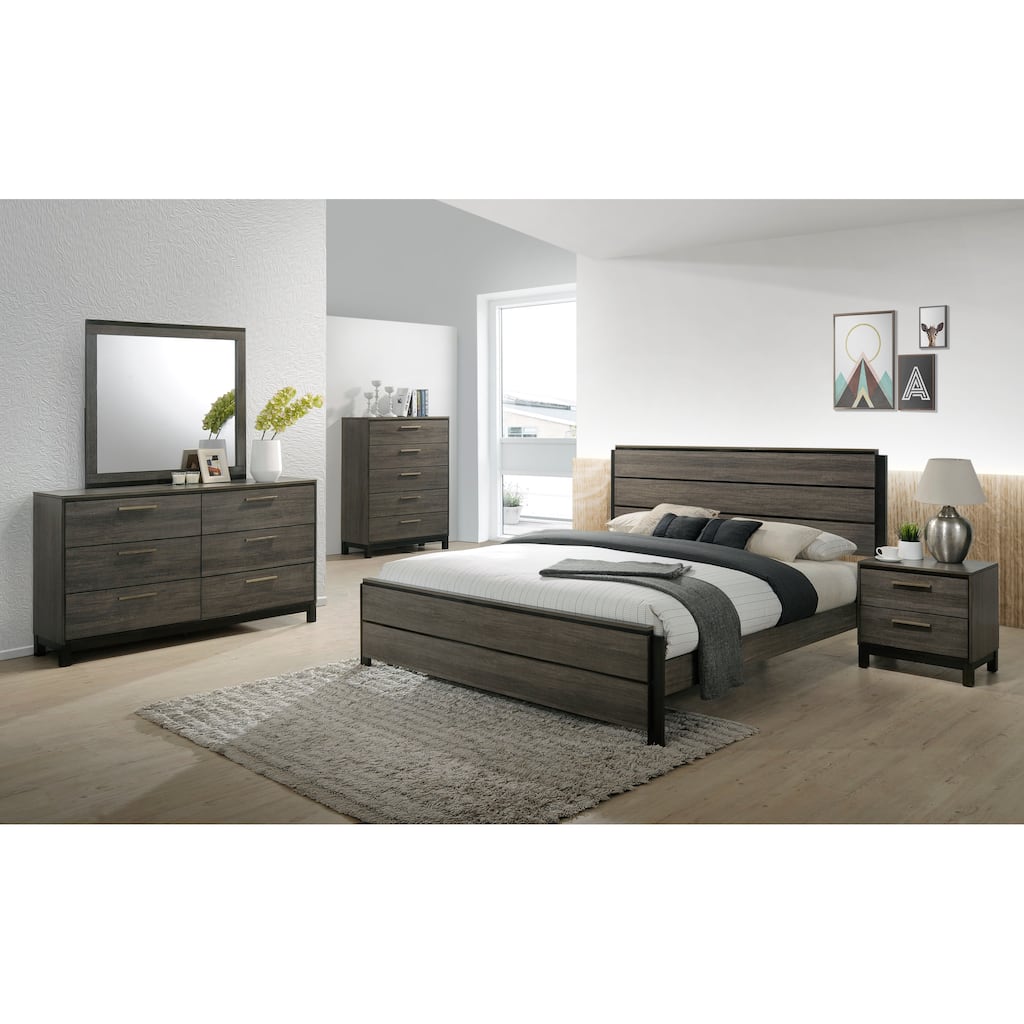 Ioana Antique Grey Finish Wood Bed Room Set, King Size Bed, Dresser, Mirror, Night Stand, Chest