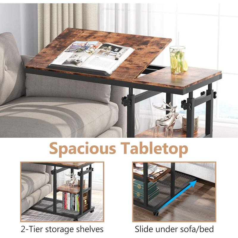 32"W Adjustable C-Shaped End Table with Wheels & Tilting Top,with Side Pocket & Storage Shelf,Rolling Overbed Couch Tray Table
