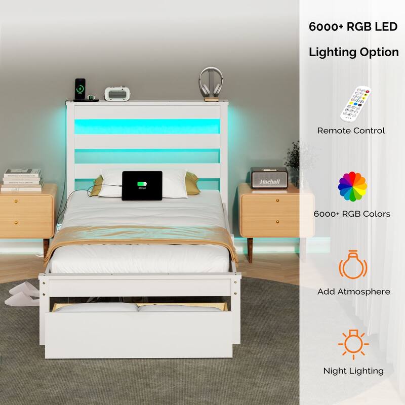 Twin Wood Bed Frame with Charging Station, Lighted Platform Bed, White