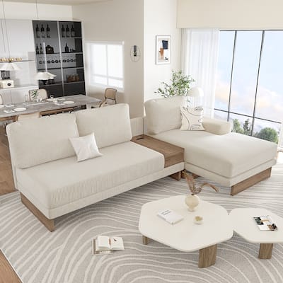 Corduroy L-shaped Sofa Sectional Sofa with 2 USB Ports and 2 Power Sockets, Storage Drawer Settee for Living Room