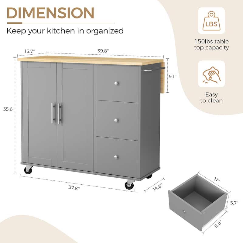 Rolling Kitchen Island with Storage Cabinet & 3 Drawers – Mobile Storage Cart with Extendable Countertop for Small Spaces