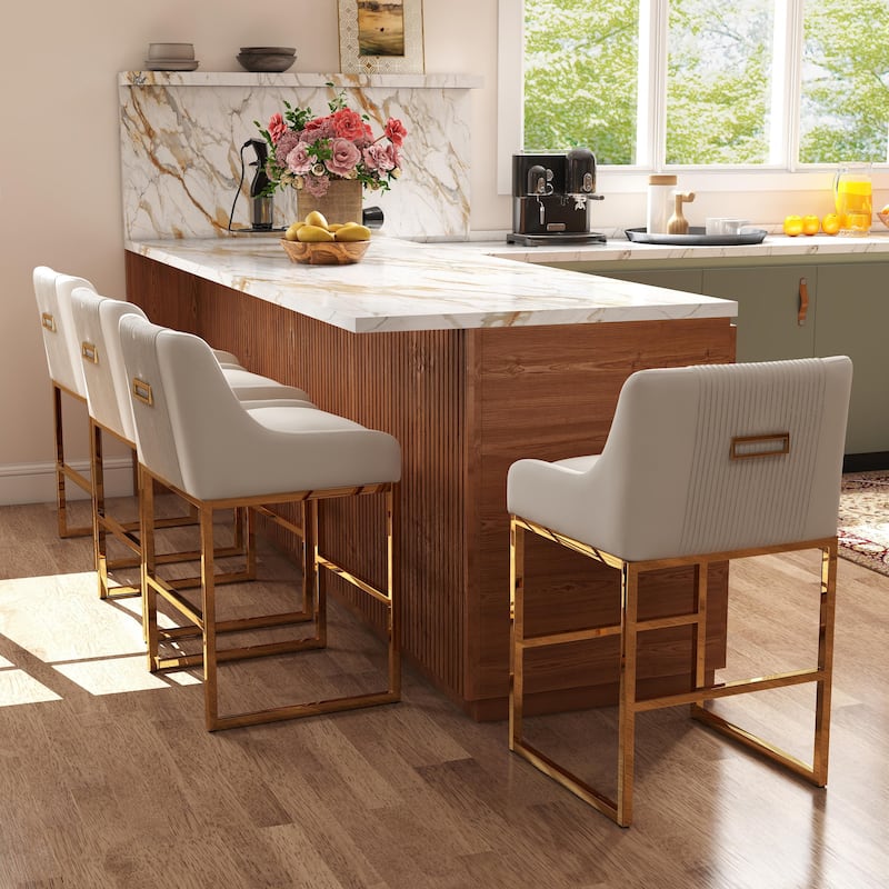 SEYNAR Modern Glam Velvet Golden Matel Frame Counter or High Bar Stools Set of 4 - Beige