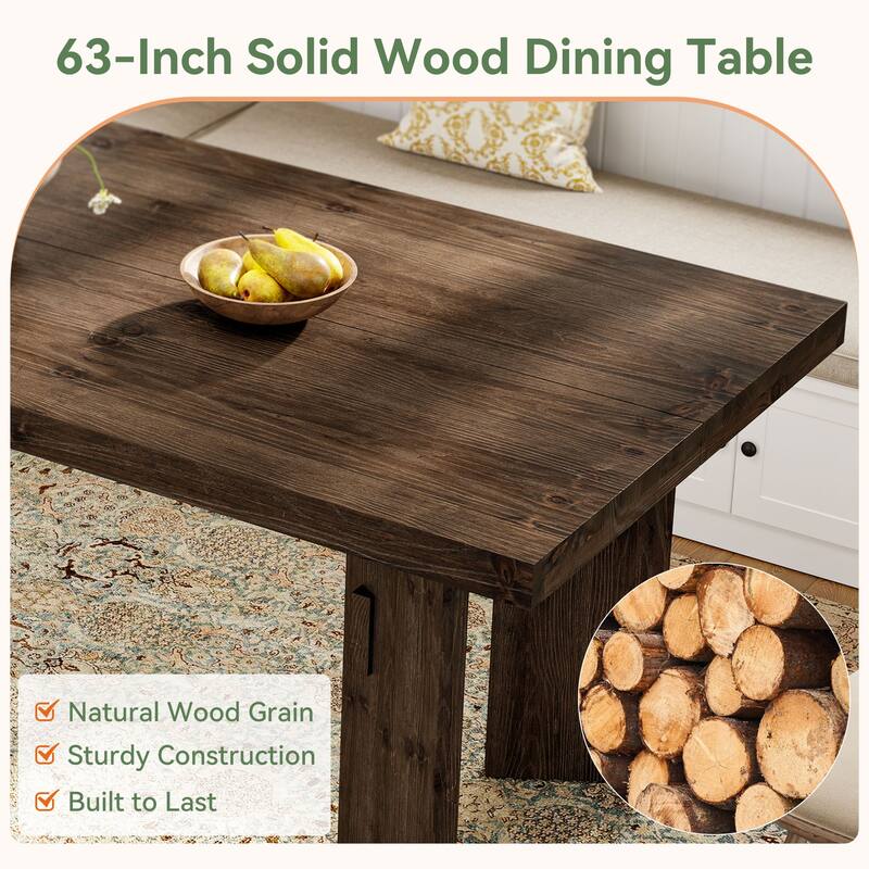 63-Inch Dining Table, Solid Wood Kitchen Table for 4-6 People