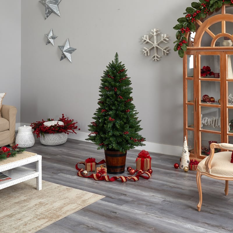 5Ft Pre-Lit Christmas Tree with Lights & Berries - Holiday Decor, Festive Tree, Indoor Xmas Tree - Green - 60