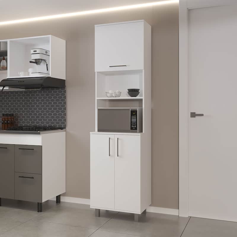 Kayenta Kitchen Pantry with 2 Pneumatic Door, Open Storage, and Bottom Cabinet, White.