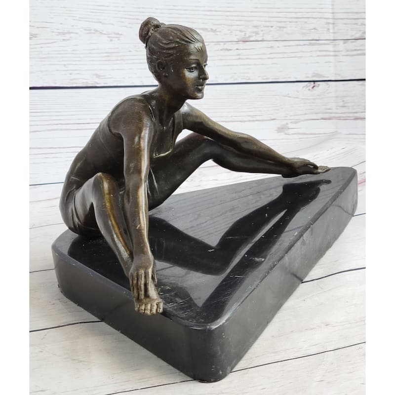 Yoga Athlete Young Woman Stretching Hot Cast Bronze Statue Sculpture Marble Base 7 Inches X 11 Inches