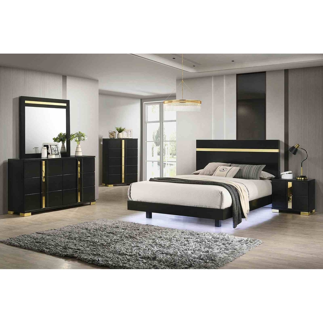 Black Finish Contemporary Bedroom Furniture Set LED Bed Nightstand Dresser Mirror Chest