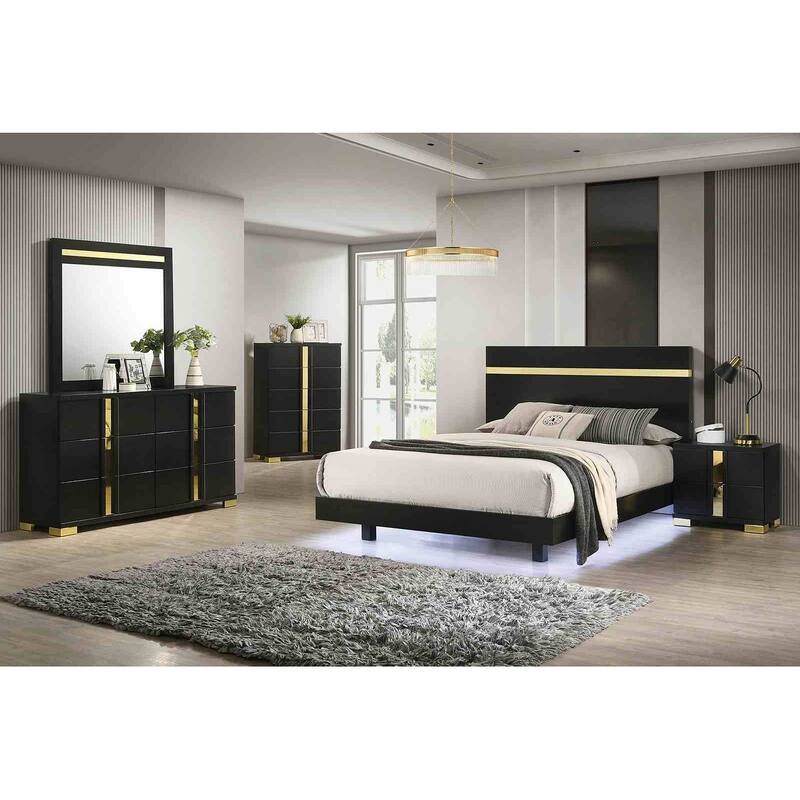 Black Finish Contemporary Bedroom Furniture Set LED Bed Nightstand Dresser Mirror Chest