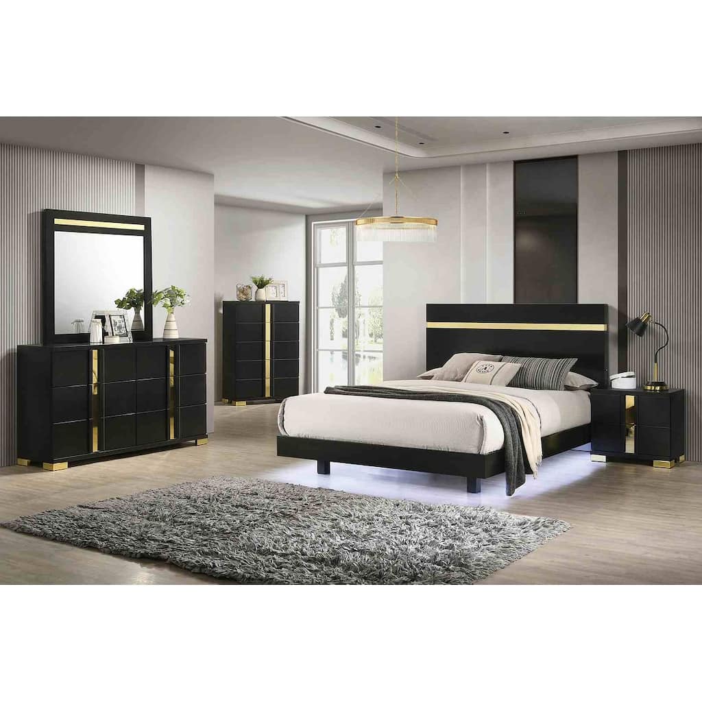 Black Finish Contemporary Bedroom Furniture Set LED Bed Nightstand Dresser Mirror Chest