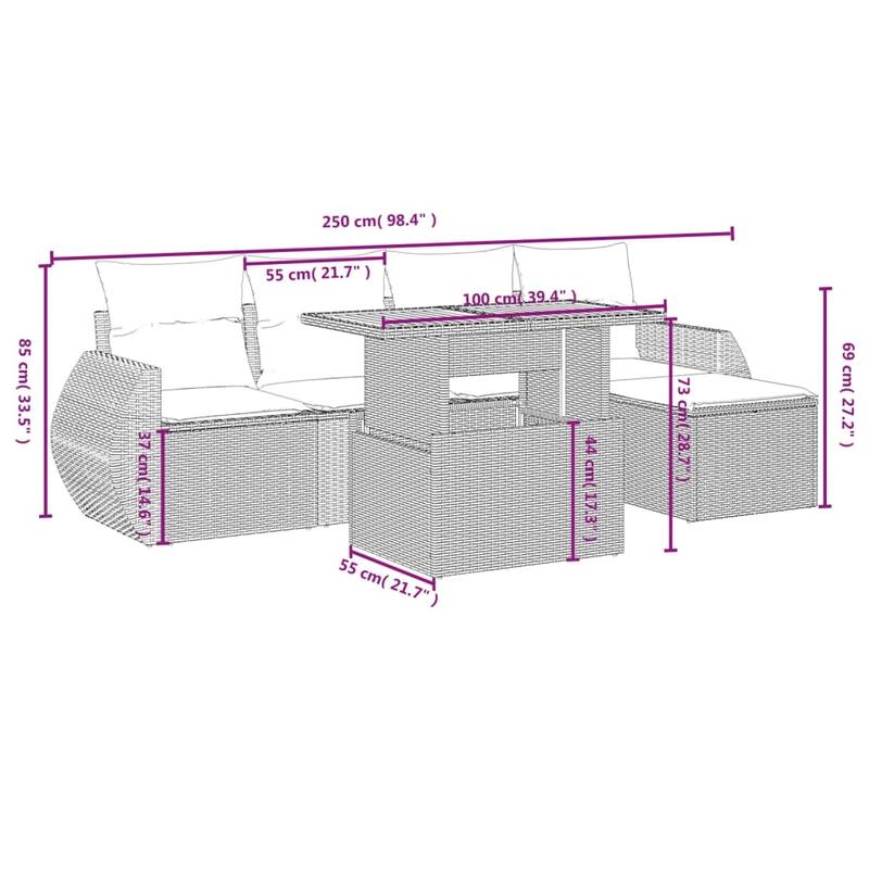 vidaXL Patio Sofa Set with Cushions Outdoor Furniture 6 Piece Poly Rattan - 21.7 x 24.4 x 27.2