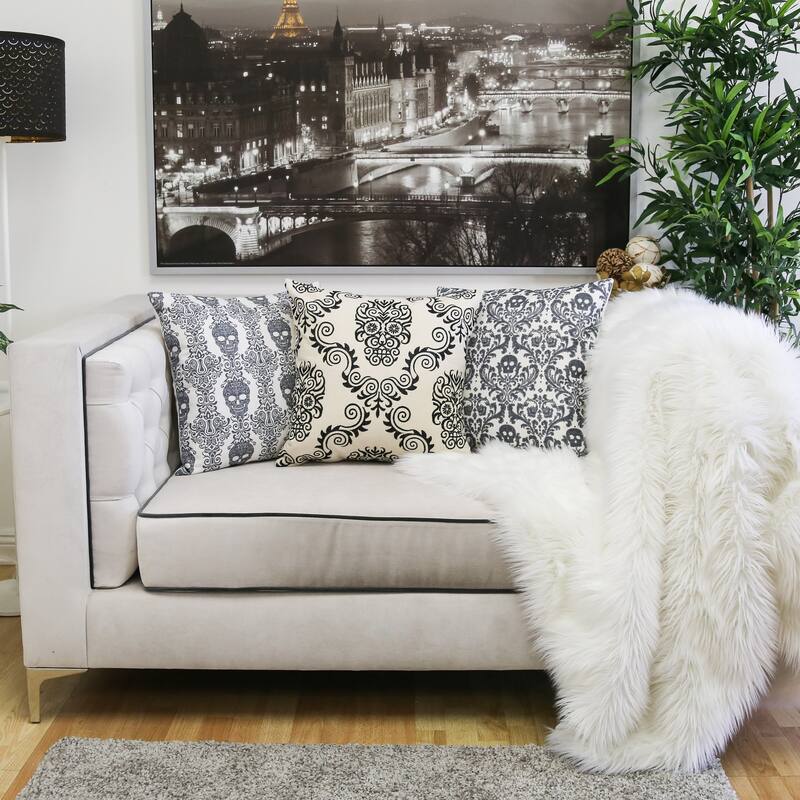 Gothic Damask Skull Throw Pillow - Black & White Cotton Linen Set of 2