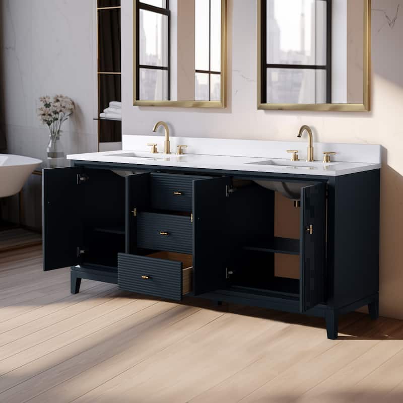 Vanity Art 72" Freestanding Bathroom Vanity with Engineered Marble Top and Sinks