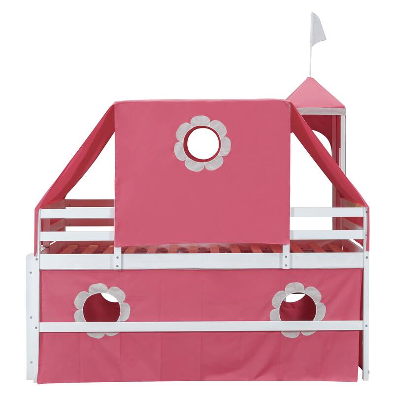 Full Size Loft Bed with Castle Tower, Slide, and Play Tent, Solid Pine Wood Construction with Spacious Under-Bed Play Area
