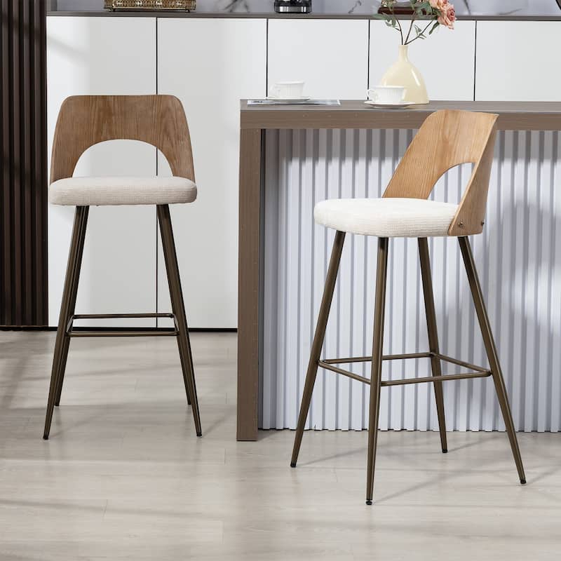 Set of 2 Bethan Beige Boucle Fabric Bar Stool with Wood Back