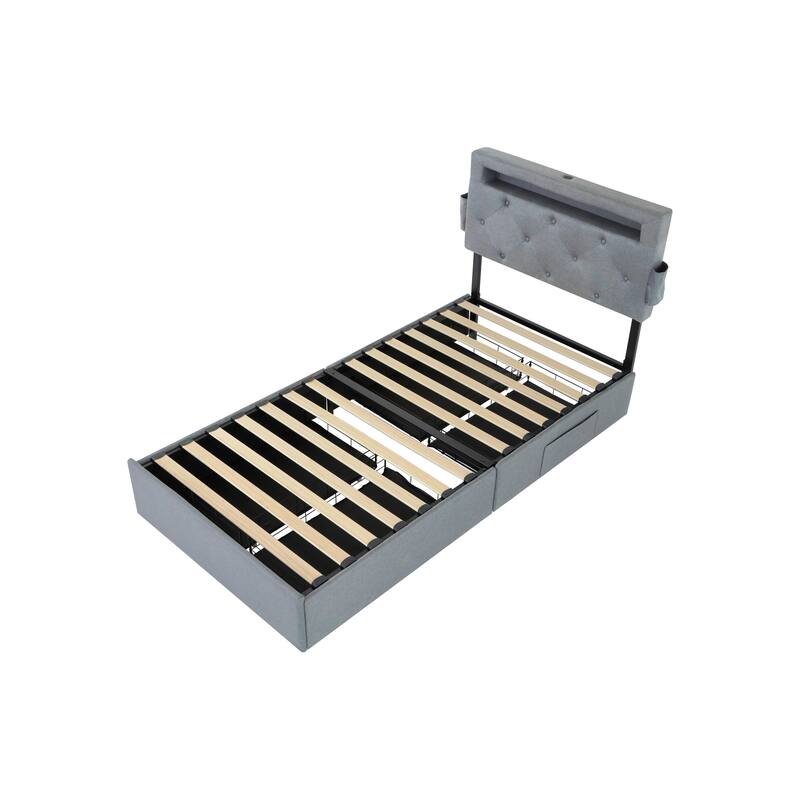 Queen/Full/Twin Size Wings Headboard Design Bed Frame with LED, 4 Under-bed Portable Storage Drawers