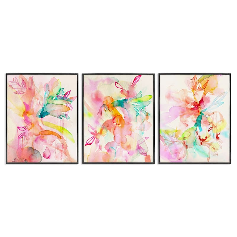 Stupell Abstract Florals & Paint Drip Framed Giclee Art Design By Gemma Bardot (Set of 3) - 16 x 20 - Black