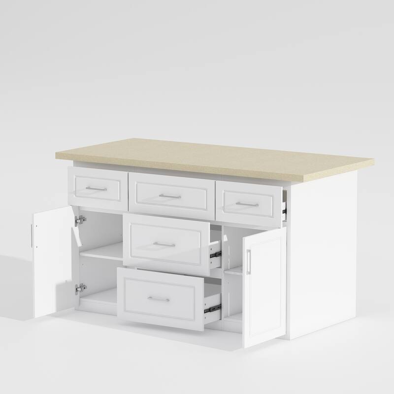 Kitchen Island with Drawers Cabinets High Gloss Stone-Like Countertop Wardrobe Storage Cabinet - 66.9"W