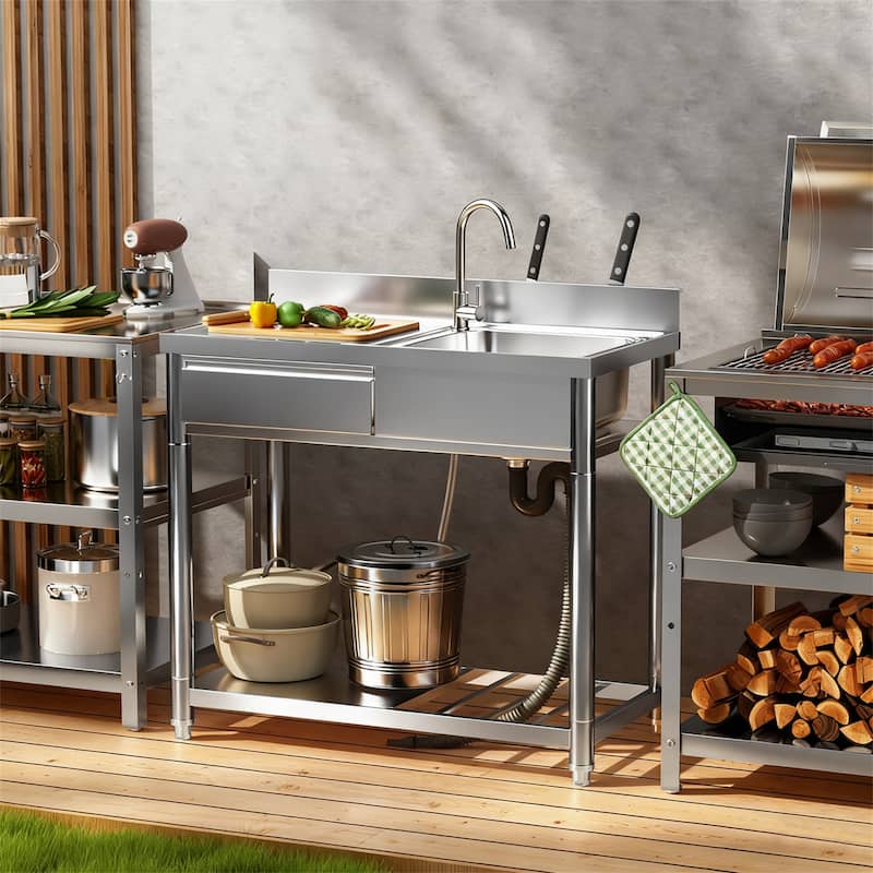 304 Stainless Steel Outdoor Utility Sink Station with Workbench & Storage - Silver