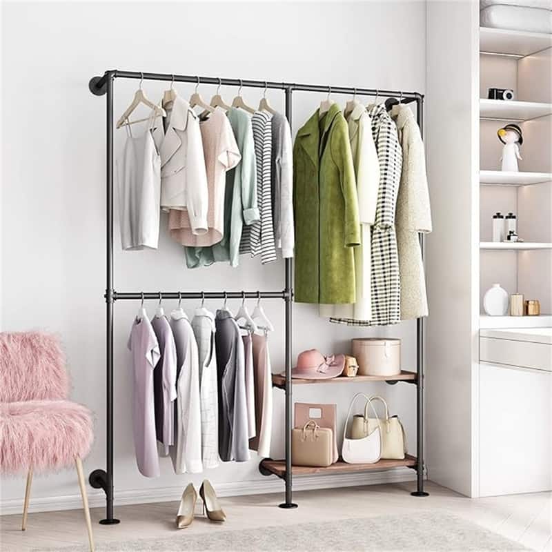 Gold Pipe Clothes Racks with White Shelves - 9.8"D x 63"W x 78.7"H